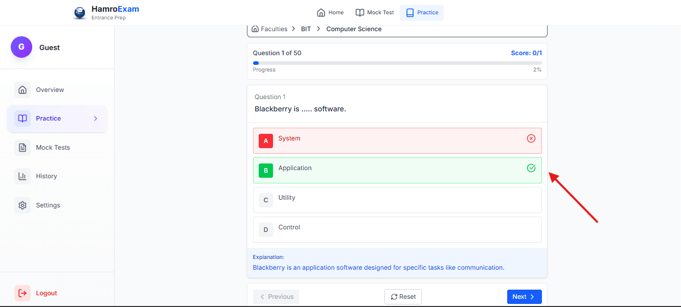 Question interface showing MCQ options, Next button, and question counter