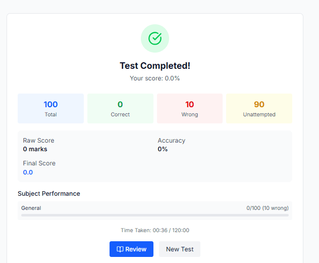 Results page showing score percentage, correct vs wrong answers, and explanations